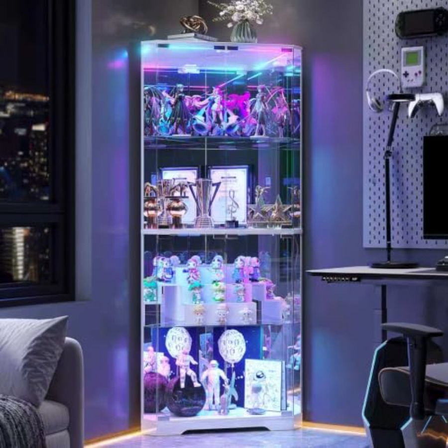 Glass Cabinet Display - ตู้โชว์มุมสูง 64.7 นิ้ว พร้อมประตูกระจกสำหรับห้องนั่งเล่น, วีเนียร์ไม้, สีวอลนัท,