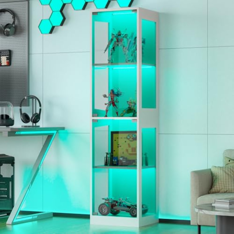 Glass Cabinet Display - ตู้โชว์กระจกพร้อมไฟ RGB สำหรับของสะสม, ชั้นวางของ 4 ชั้นทำจากกระจกใสและสีดำ,