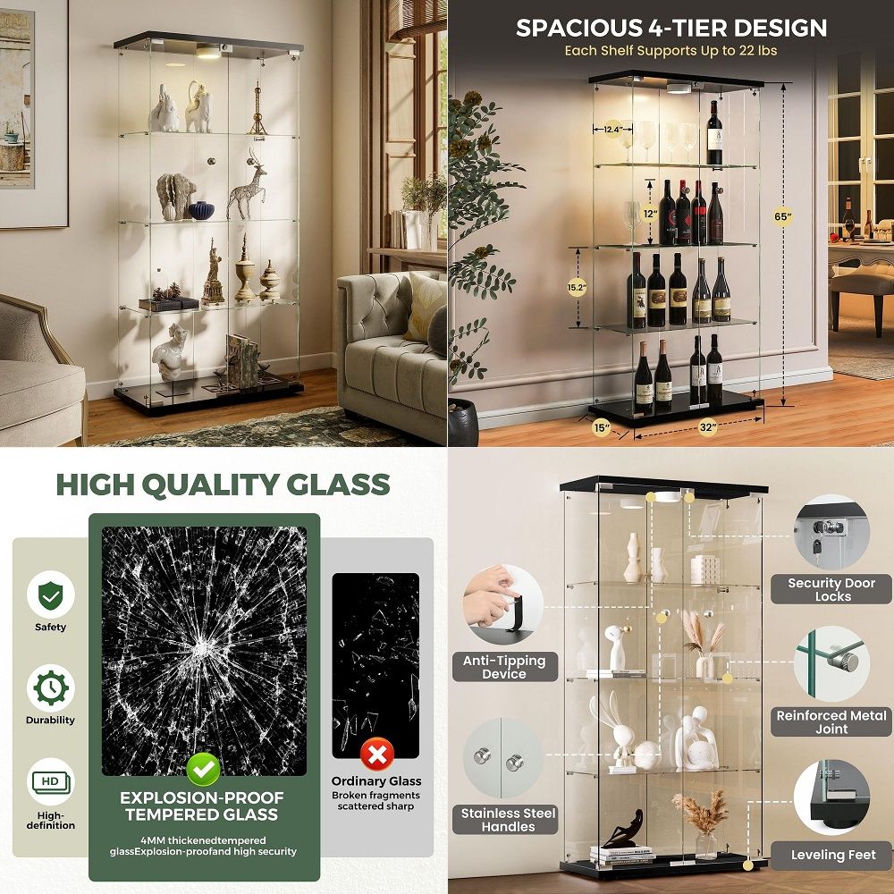 Glass Cabinet Display - ตู้โชว์พร้อมไฟ LED และระบบล็อค, ตู้โชว์กระจกนิรภัย 4 ชั้น