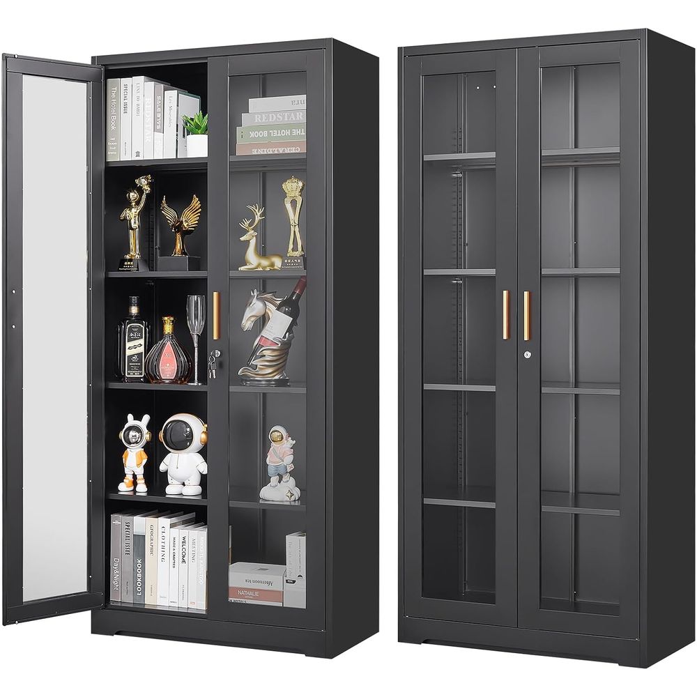 Glass Cabinet Display - ตู้โชว์กระจกพร้อมกุญแจล็อค, ตู้โชว์โลหะพร้อมกระจกนิรภัยและชั้นวางปรับระดับได้, ตู้โชว์จีนสำหรับห้องนั่งเล่นที่แข็งแรงทนทาน