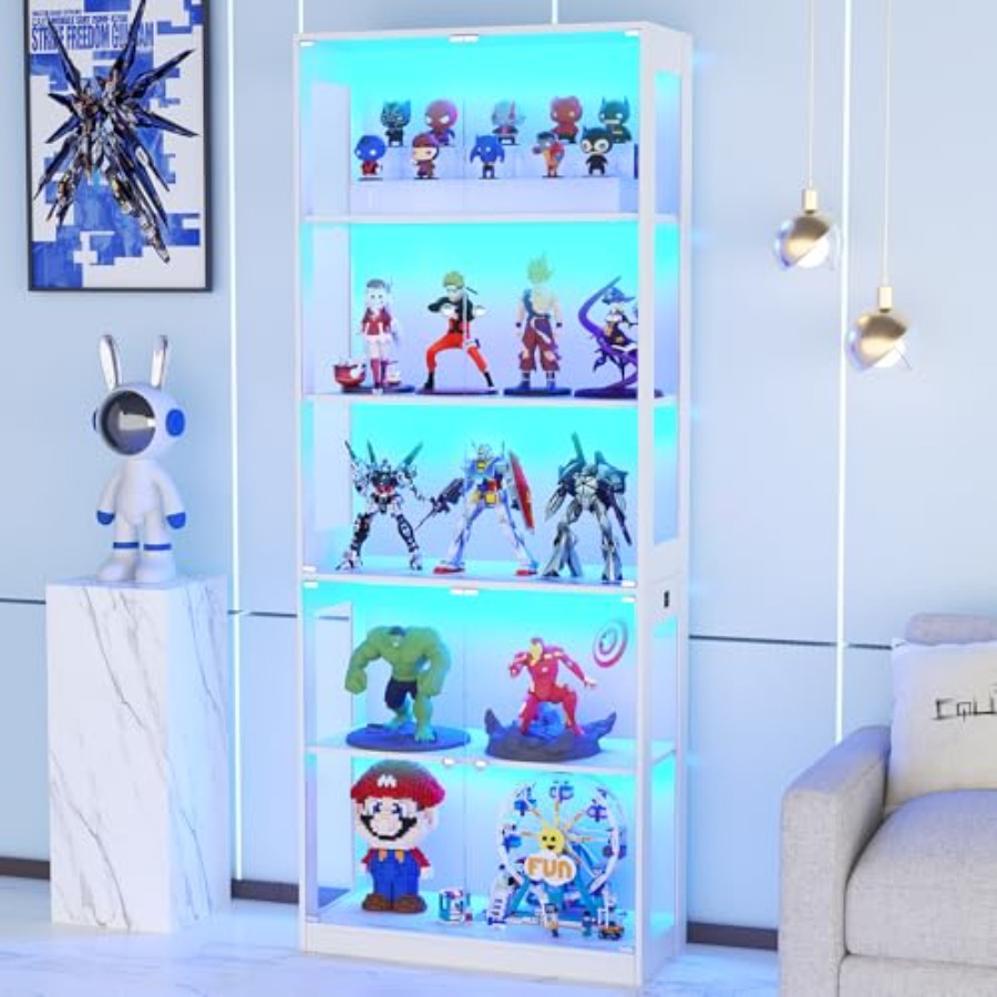 Glass Cabinet Display - ตู้โชว์ขนาด 80 นิ้วพร้อมประตูกระจกสำหรับห้องนั่งเล่น, กระจกนิรภัยและไม้, สีดำ, ชั้นวางปรับระดับได้และไฟ