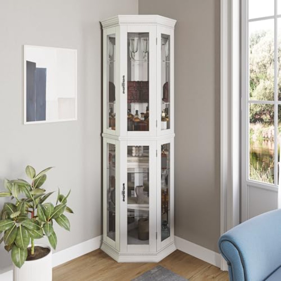 Glass Cabinet Display - ตู้โชว์กระจก 3 ด้านพร้อมไฟสำหรับห้องนั่งเล่นและห้องนอน, ประตู/ชั้นวางกระจกนิรภัย, ไม้สีวอลนัท, ไฟ