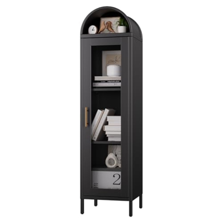 Glass Cabinet Display - ตู้โชว์โลหะทรงโค้งแคบพร้อมประตูกระจกสำหรับห้องนั่งเล่น สีดำ ขนาด 63 นิ้ว ดีไซน์ทันสมัยเรียบหรูและประหยัดพื้นที่