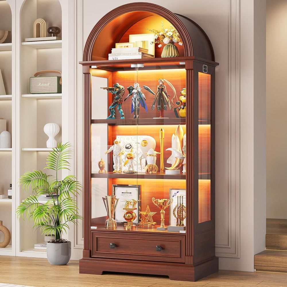 Glass Cabinet Display - ตู้โชว์พร้อมบานกระจกและไฟ LED | ตู้โชว์ทรงโค้งสูง 72 นิ้ว,