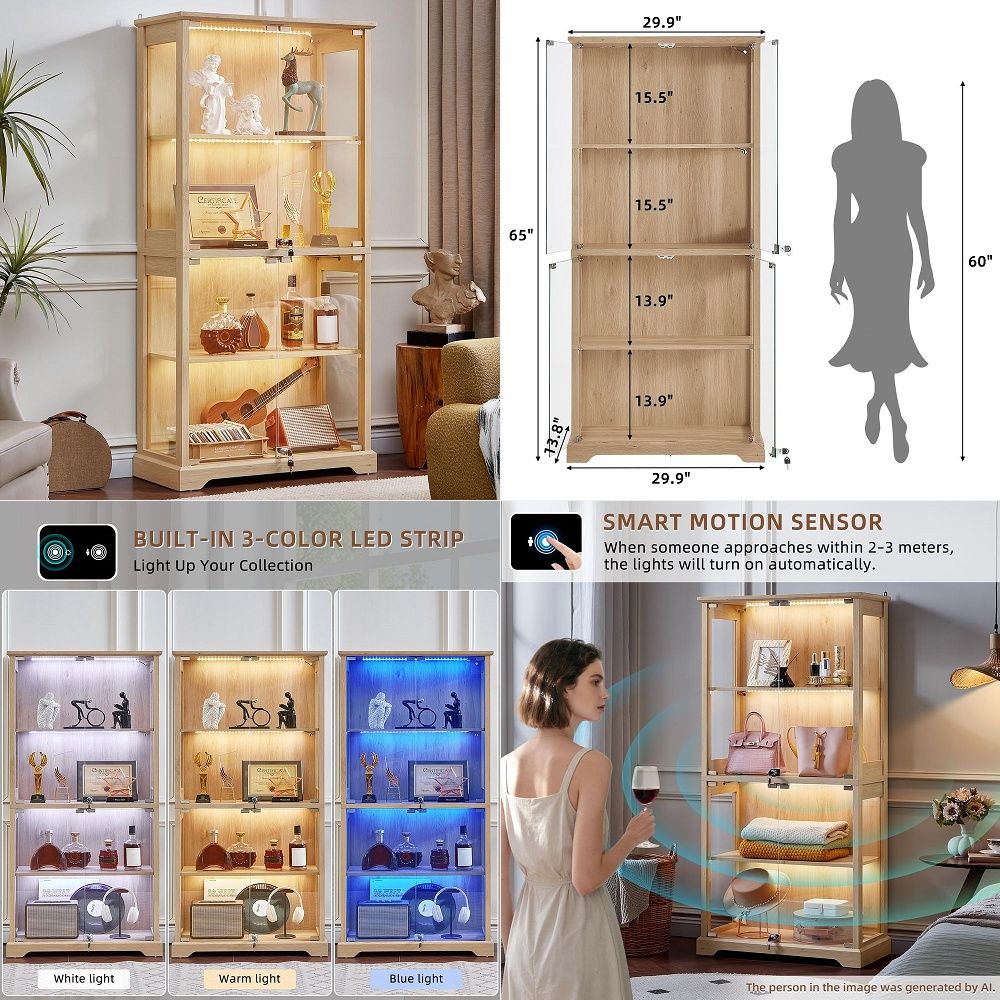 Glass Cabinet Display - ตู้โชว์กระจกสไตล์บ้านไร่พร้อมประตู ตู้โชว์ไม้สำหรับของสะสมพร้อมไฟ LED 3 สีพร้อมเซ็นเซอร์ตรวจจับความเคลื่อนไหวและรีไฟโน