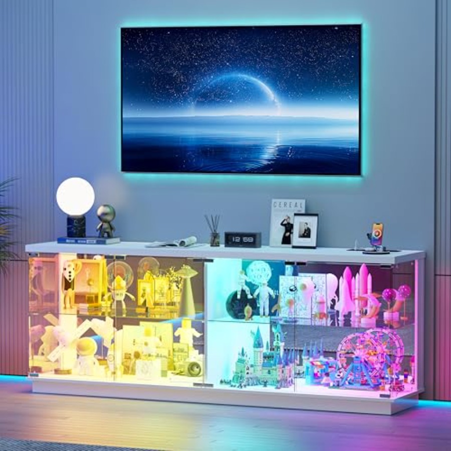 Glass Cabinet Display - ตู้โชว์ขนาดใหญ่กว้าง 59 นิ้ว พร้อมประตูกระจกและไฟ RGB แบบเซ็นเซอร์